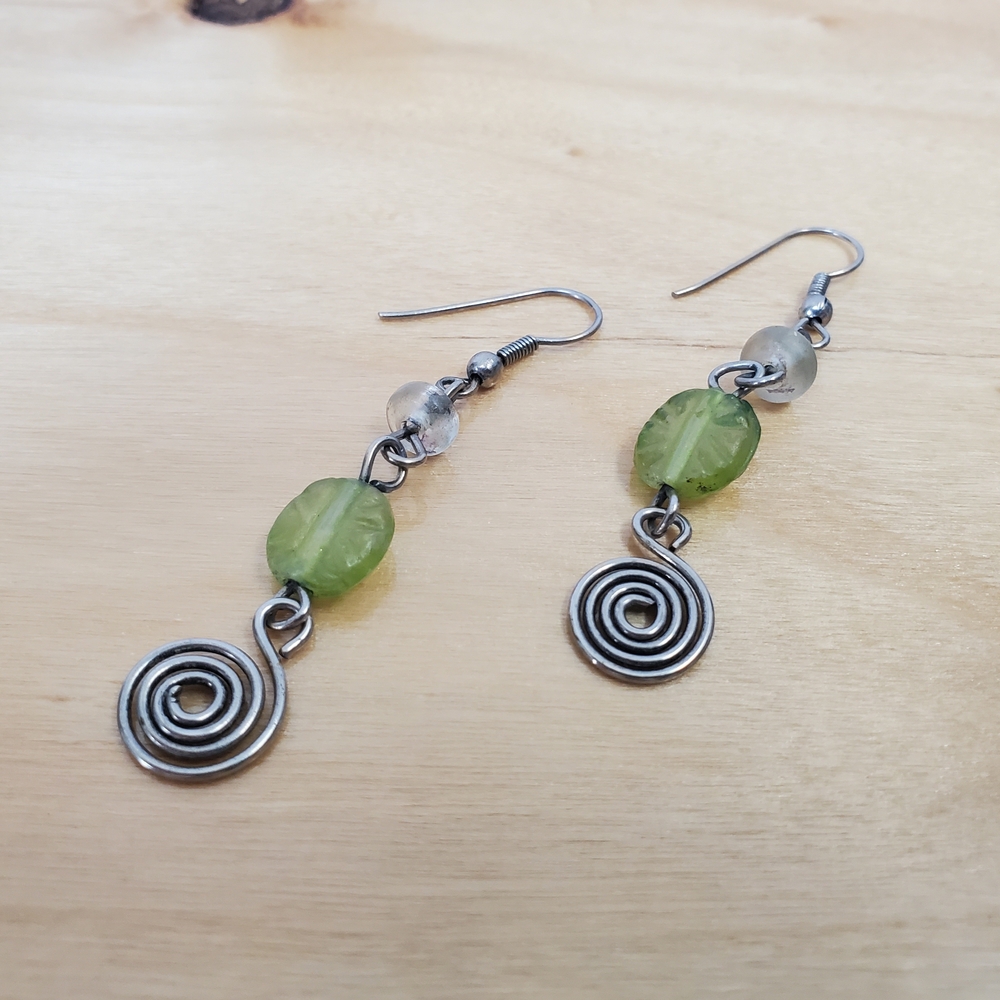 Bohemian Green & Silver Dangle Earrings With Coils 3" Drop